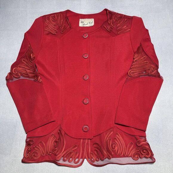 Tops - Vintage 1980s Black Cat Fashion Red Mesh Accent Blazer Top Women's Size Medium